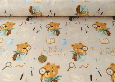 Preview: Little Explorer beige Sweatstoff Hilco French Terry geraut mit Bären Kinderstoff Preview: Little Explorer Hilco Sweatstoff angeraut in beige mit Bären auf Entdeckungsreise